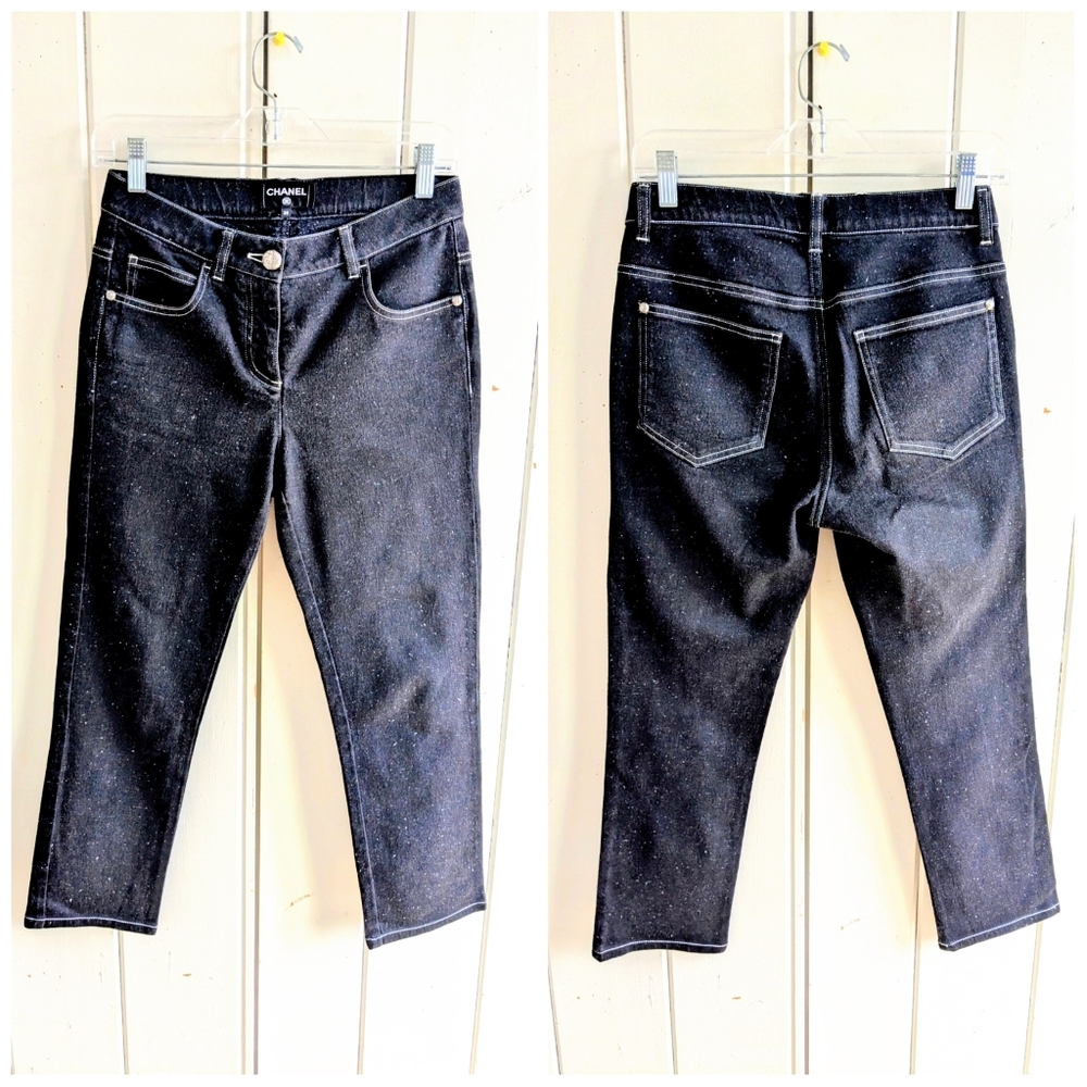 CHANEL Midnight Black Flecked Denim Jeans NWOT Euro sz 38 (US 8)